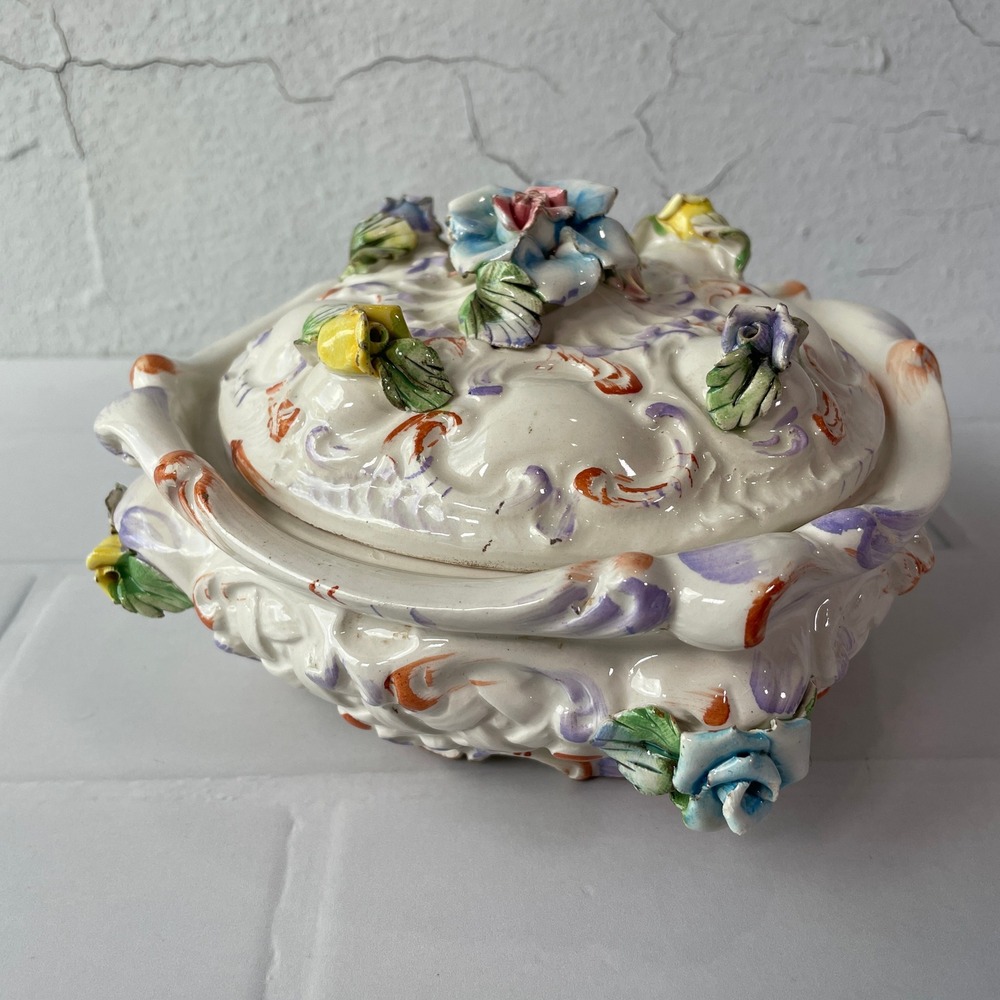Vintage Italian Capodimonte Style Floral Trinket Box Hand Painted Ceramic Decor